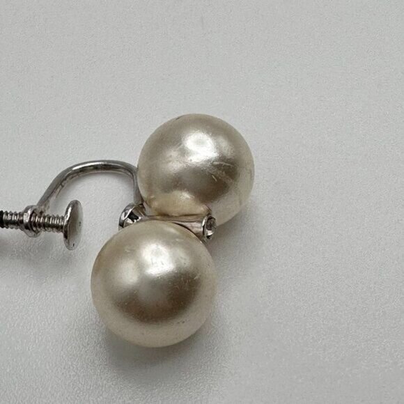 Vintage Double Pearl Costume Earrings Silver Clip On Statement - Picture 6 of 6